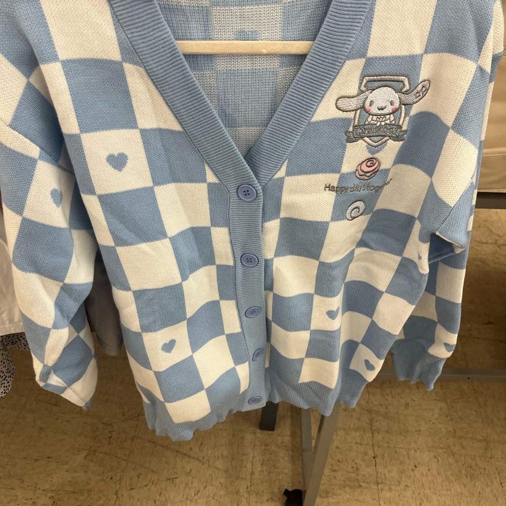 Blue and White Checkered Cardigan